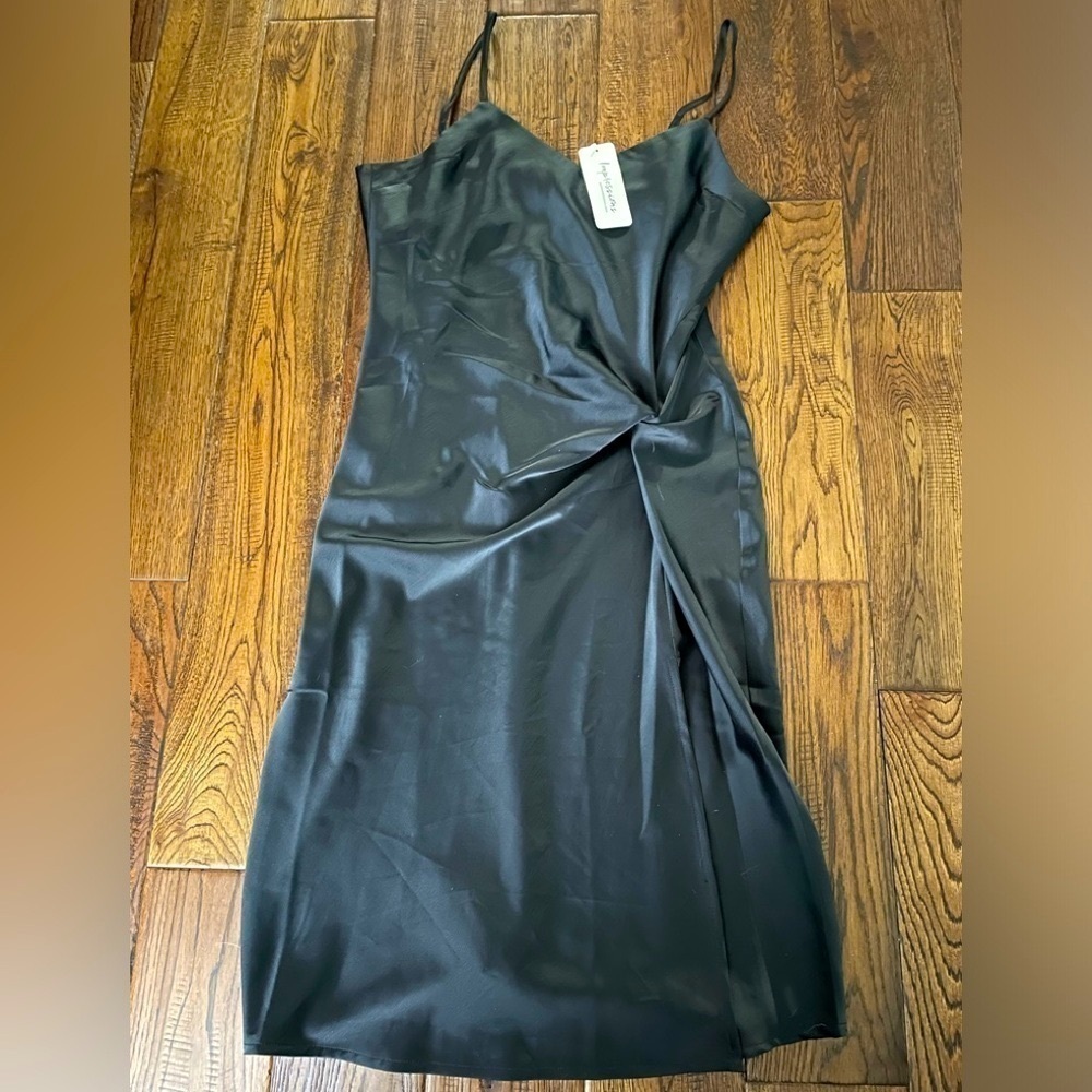 NWT Impressions Black Twist Front Spaghetti Strap Satin Dress Size L